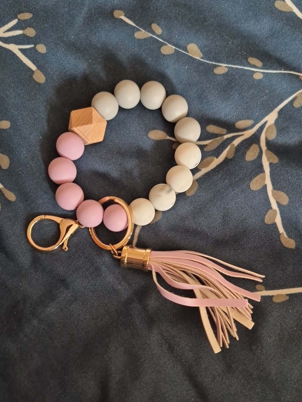Pink & Grey Beaded Wristlet Keychain with Tassel
